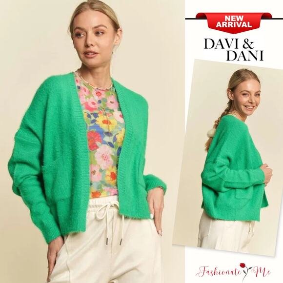 Davi & Dani Long Sleeves Open Front Drop Shoulder Front Pockets Cardigan | Green - Picture 1 of 7